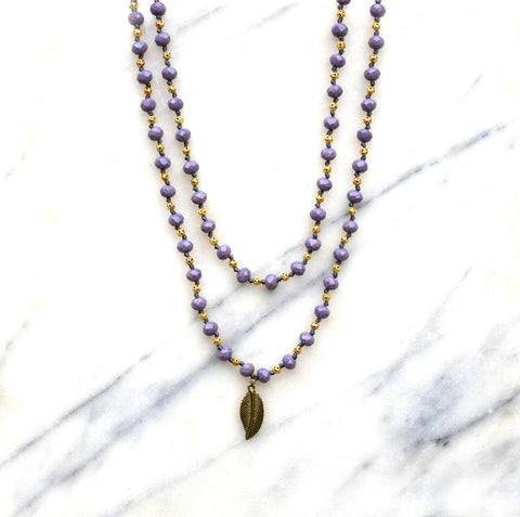 Crystal Necklace Lavender, Leaf Pendant