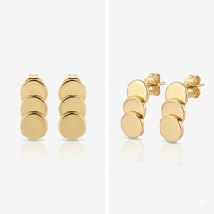 Gold Triple-Disc Stud Earrings.