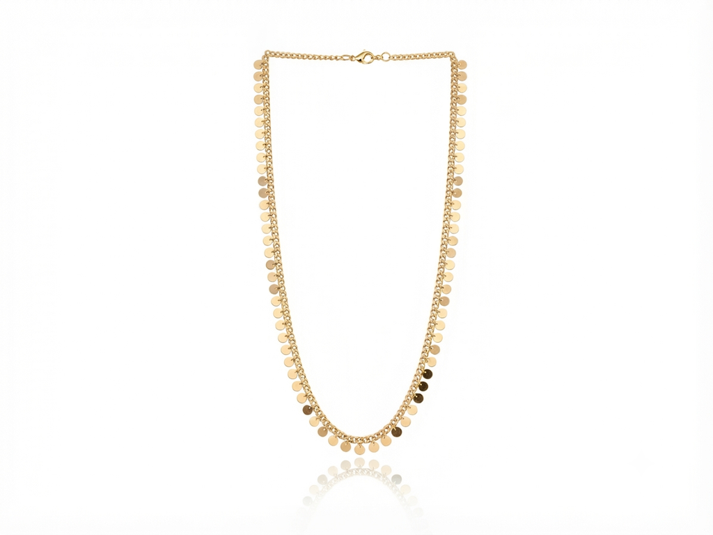 Gold disk necklace.