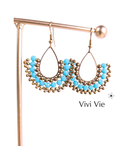 Blue Fan Faceted Beaded Earrings