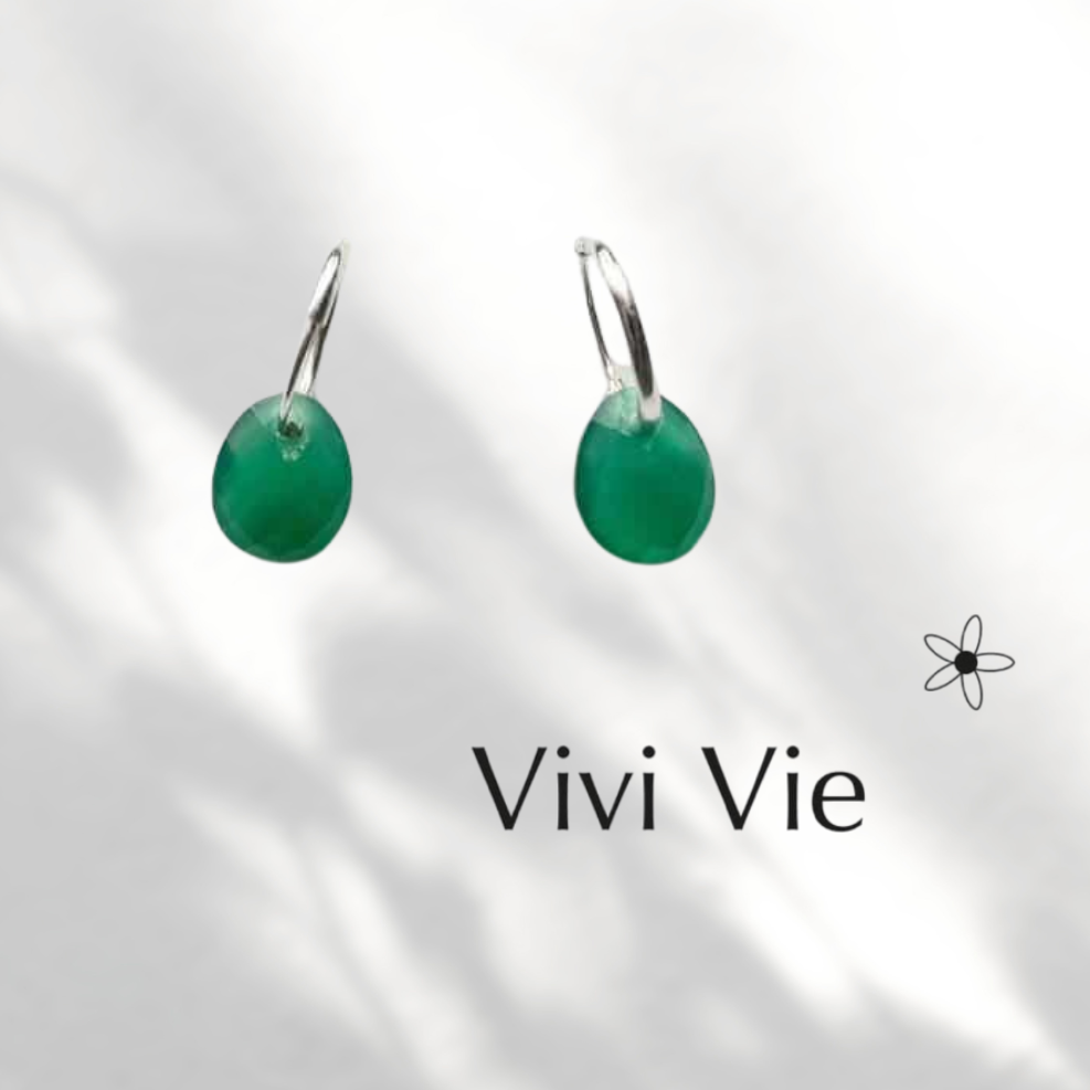 Sterling Silver and Green Aventurine Gemstones Huggies, Drop Earrings