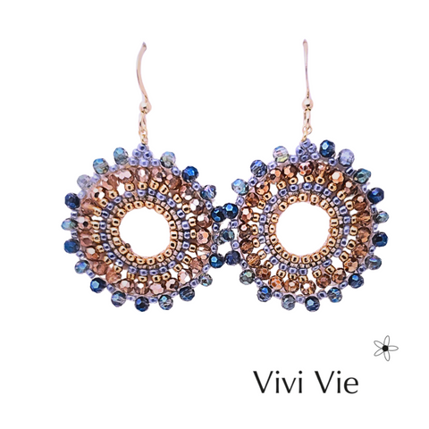 Hand Beaded Mandala Starburst Statement Earrings Metallic Blues