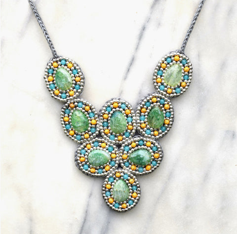 Statement Necklace Tear Drop Green Moss Quartz and Beads