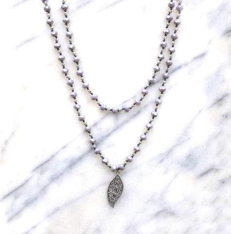 Crystal Necklace Silver, Leaf Pendant