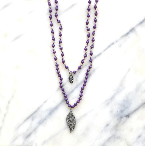 Crystal Necklace Lavender, Leaf Pendants