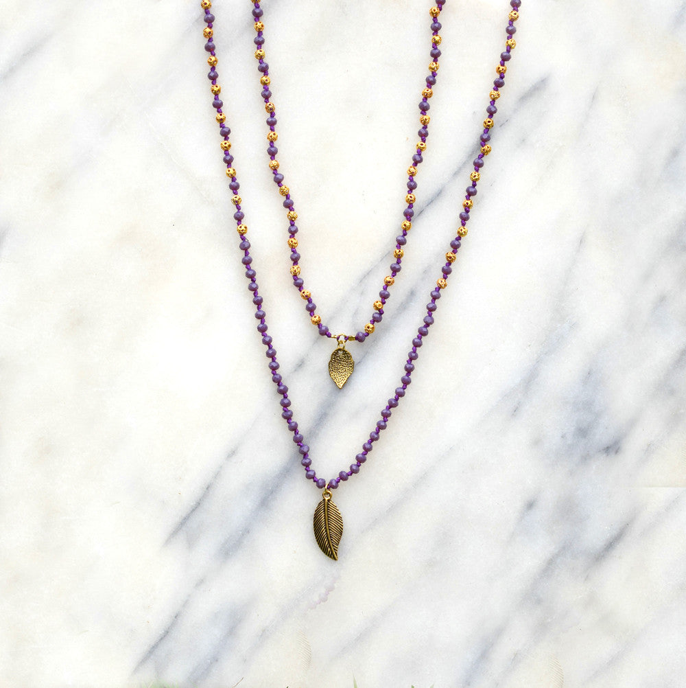 Crystal Necklace Lavender, Gold Leaf Pendants