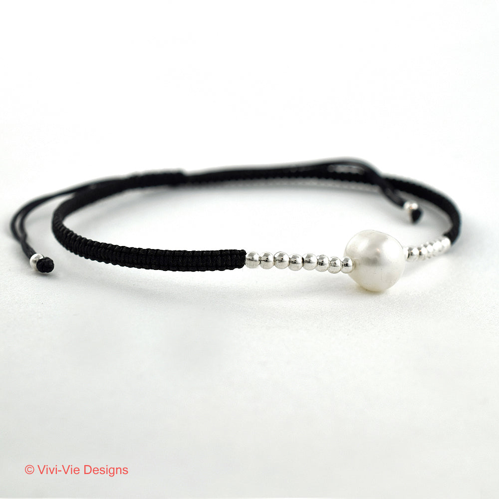 Pearl and 925 Silver Friendship Bracelet Black