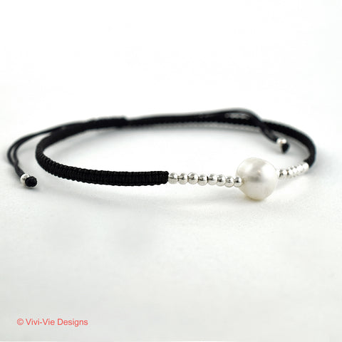 Pearl and 925 Silver Friendship Bracelet Black